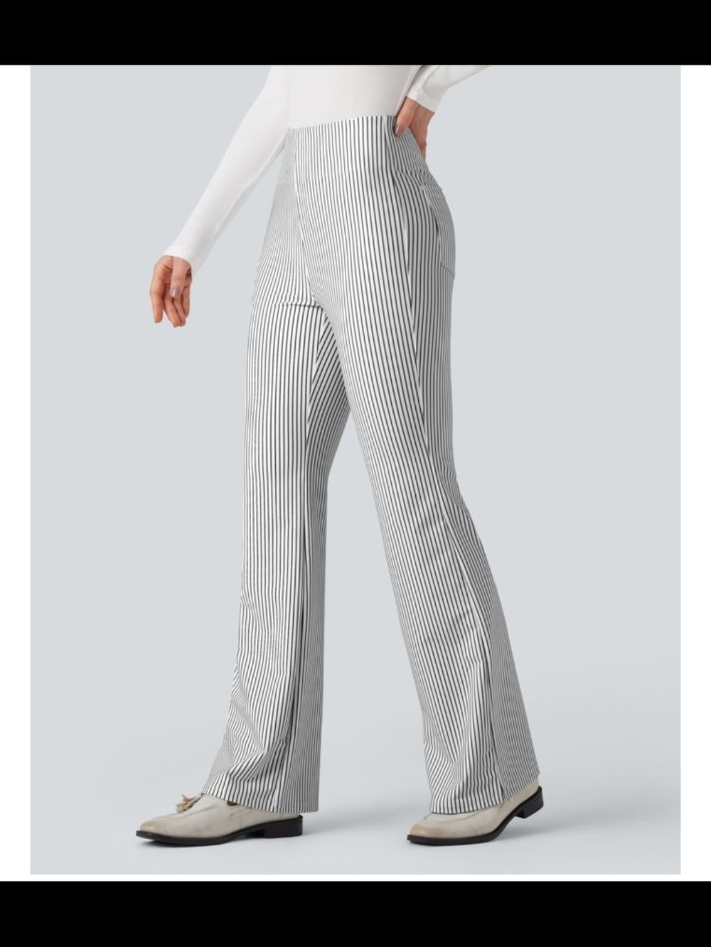 HALARA White and Black Vertical Stripe Flare Pants
